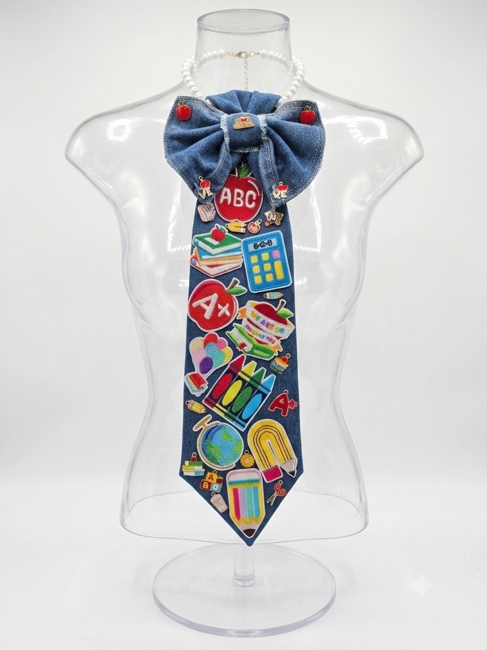 Kids School-Themed Denim Bow Tie Necklace - Blue